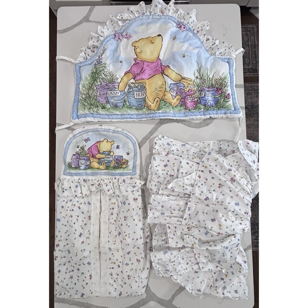VTG 90s Disney Classic WINNIE THE POOH Crib Bedding Ruffled 3pc Set 1996 Pink